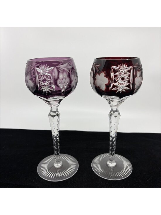 Ajka Other - 2 Ajka Marsala Tall Hock Wine Glasses Cut to Clear Ruby Red Amethyst 8" Vintage